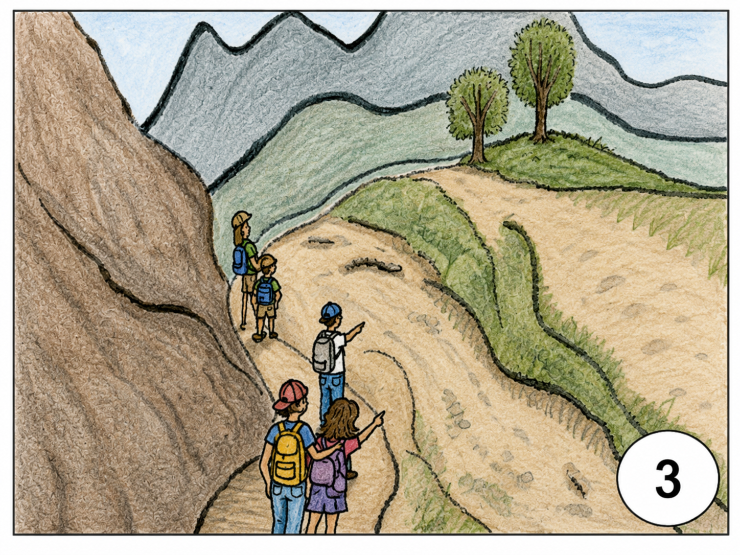 Wandergruppe auf einem Bergpfad mit Blick auf die Landschaft
